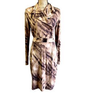 Ambiente Women's Brown Animal Print V-Neck Long Sleeve Knee Length Dress Sz 8